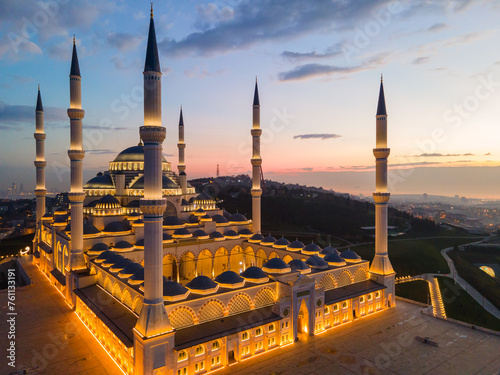 Camlica Mosque in the Sunset Colors Drone Photo, Camlica Hill Uskudar, Istanbul Turkiye (Turkey) photo