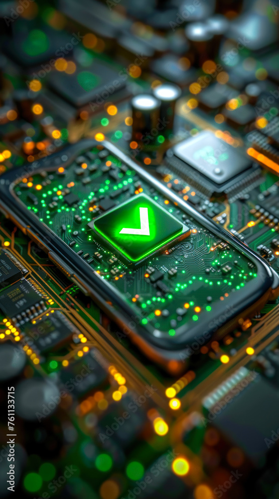 Obraz premium Smartphone on a circuit board displaying a green checkmark, representing a successful system update or secure digital verification process