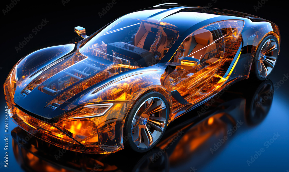 Transparent high-tech automobile design showcasing internal mechanics and technology systems, represented in a futuristic 3D blueprint aesthetic