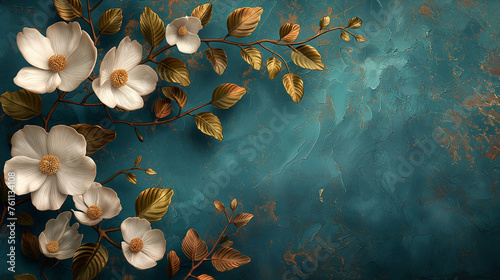 Big white spring flowers with golden leaves on blue background, painting style