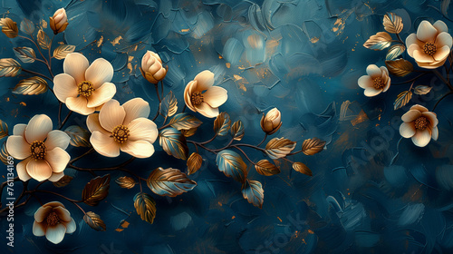 Big white spring flowers with golden leaves on blue background, painting style