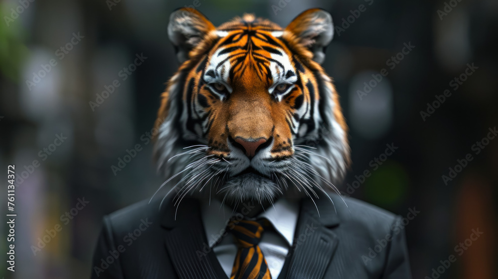 Majestic tiger prowls through city streets adorned in tailored sophistication, embodying street style. The realistic urban setting captures the feline grandeur fused with contemporary fashion allure i