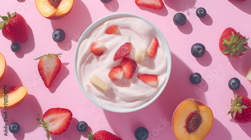 Fresh Greek Yogurt with Berries and Peach on a Bright Kitchen Table