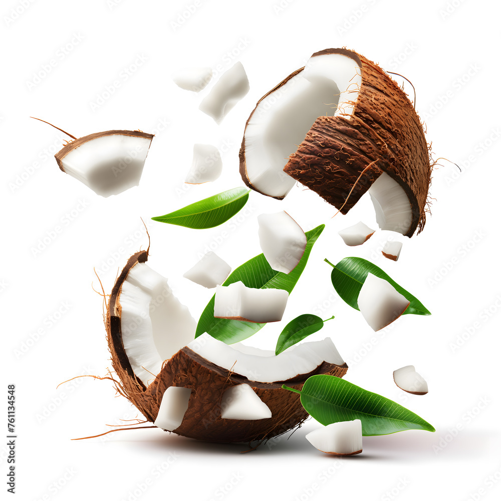 Fresh Coconut with Leaves Exploding into Pieces on White Background - obrazy, fototapety, plakaty 