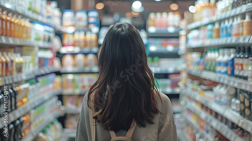 A woman comparing products in a grocery store super, generative Ai