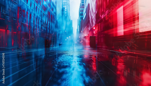 A city street with a blue and red background