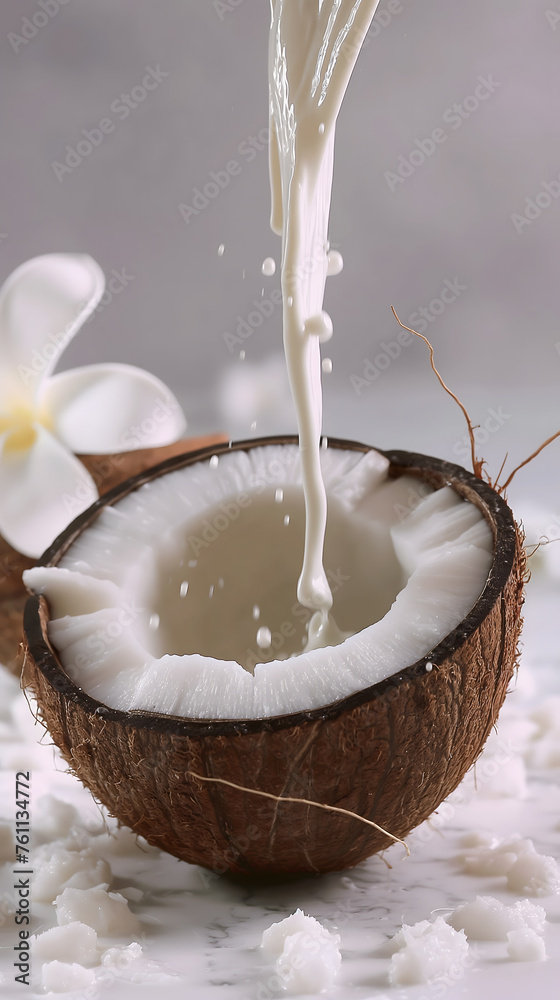 Fresh Coconut Milk Splashing from Half Coconut on Gray Backdrop Fresh Coconut Milk Splashing from Half Coconut on Gray Backdrop