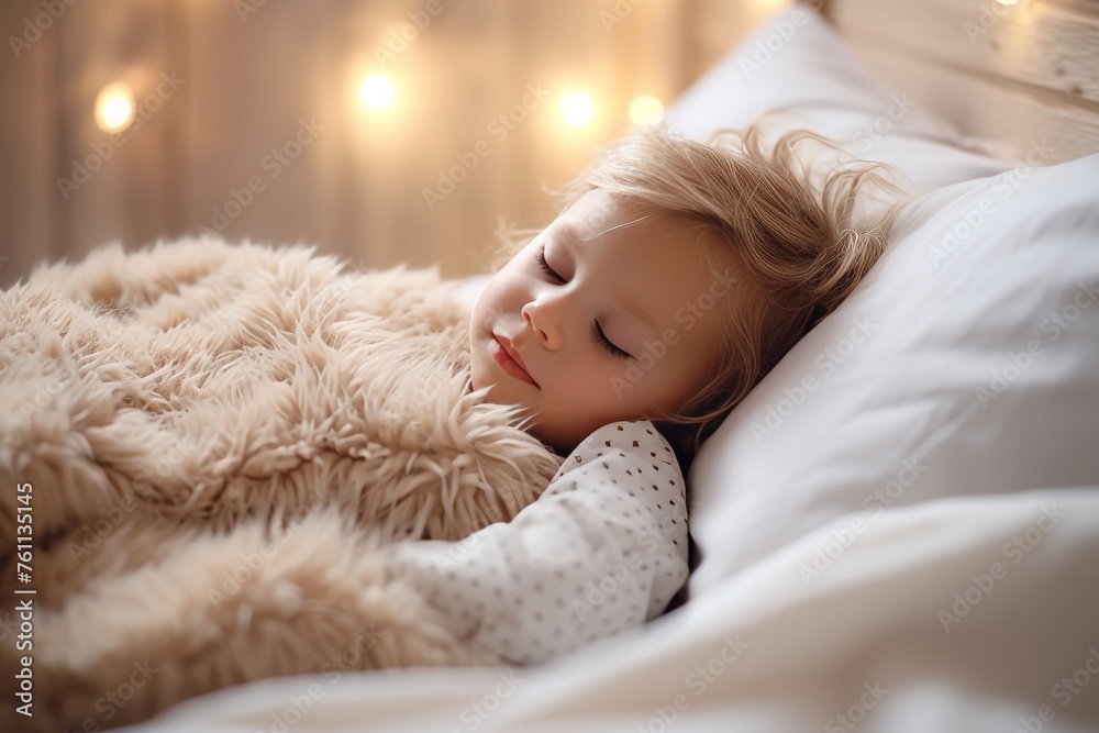 Closeup cute toddler baby sleeping on a cozy bed. Happy toddler child peaceful sleep on a comfortable bed at home. Sweet dreams. Adorable toddler naptime. Family love and tranquility.