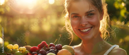 Smiling woman with a plate of fruits warm sunlight