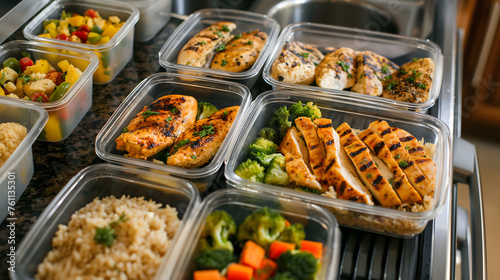 Healthy Meal Prep Containers with Balanced Food on Kitchen Counter