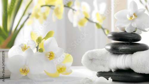 Serene Spa and Wellness Setting with Orchids and Zen Stones