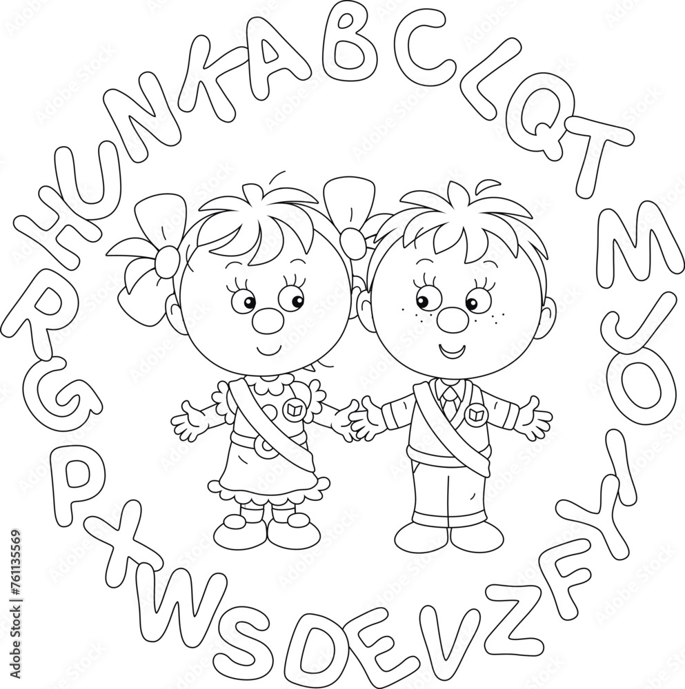 Happy little boy and girl graduates of kindergarten with red holiday ribbons and funny letters of alphabet from ABC book, black and white outline vector illustration for a coloring book Happy little boy and girl graduates of kindergarten with red holiday ribbons and funny letters of alphabet from ABC book, black and white outline vector illustration for a coloring book