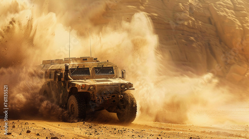 A rugged military vehicle maneuvers through dusty desert terrain.