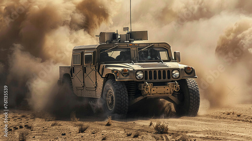 A rugged military vehicle maneuvers through dusty desert terrain. photo