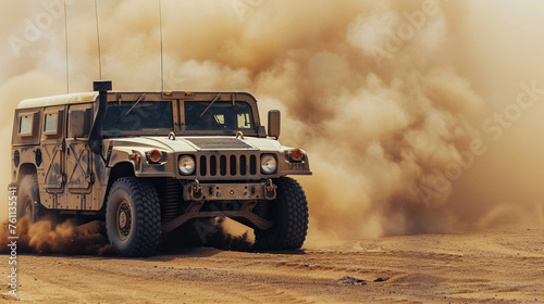 A rugged military vehicle maneuvers through dusty desert terrain. photo