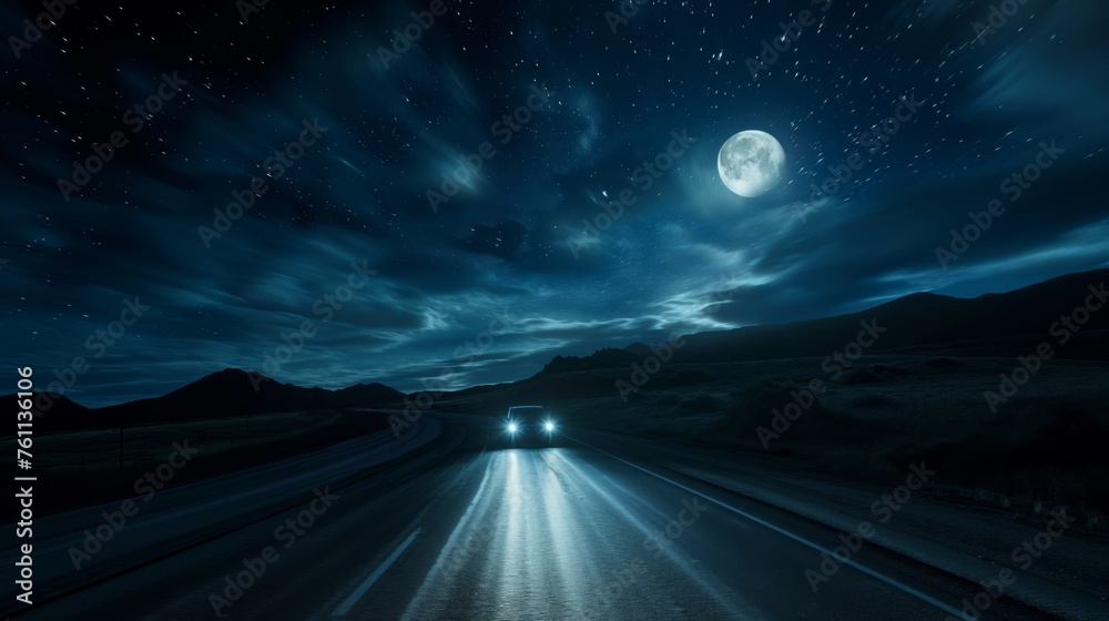 High-Speed Nighttime Travel: A Long Exposure View of a Car on a Desolate Highway
