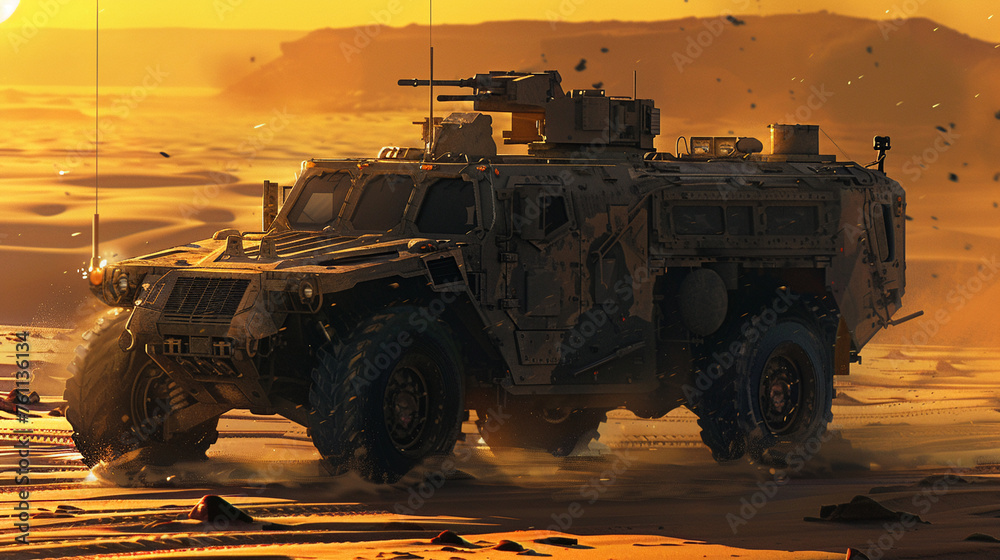 The harsh desert sun glints off the armored surface of the military vehicle. - obrazy, fototapety, plakaty 