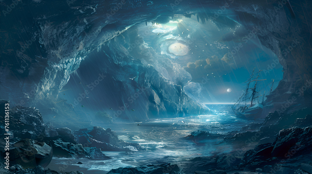 Illustration of Other World's Fantasy Landscapes Realistic Underwater Scene Beneath the Vast Sea.
