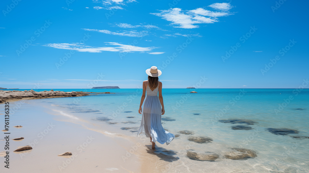 Beautiful woman in swimsuit on the tropical beach with yellow sand and light blue ocean