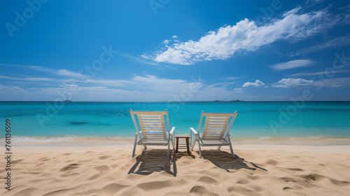 Sunny beach with colored umbrella and chaise-sun lounger on a clean sand. Tropical landscape, picture of a paradise