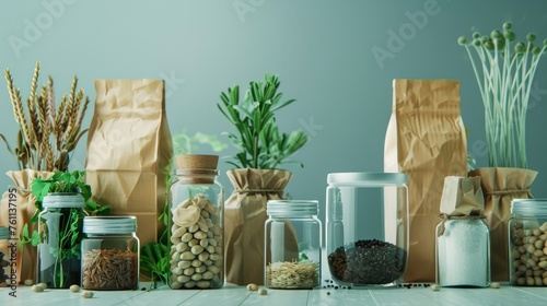 A row of sustainable packaging solutions,  including biodegradable bags,  compostable packaging peanuts,  and plant-based films photo