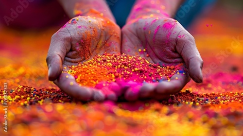 close-up of two hands with colorful powder - Holi festival concept background