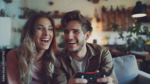 laughing couple playing a video game with joysticks on sofa  generative Ai