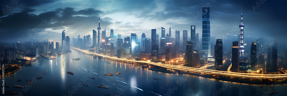 A Dazzling Aerial Night View of the Vibrant, Bustling GZ City Decorated with Illuminated Skyscrapers