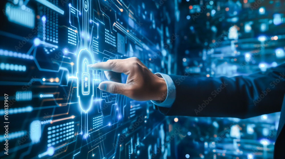 A man is pressing a button on a computer screen that has a lock symbol on it, cyber security concept A man is pressing a button on a computer screen that has a lock symbol on it, cyber security concept