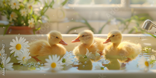 Cute little ducklings in a bowl with flowers .