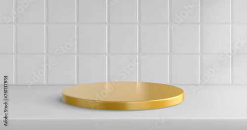 Kitchen or bathroom tile background and gold podium. 3d white shelf or table scene for product display on ceramic texture. Golden cylinder platform in toilet room interior or realistic countertop.