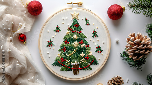 Top view cute Christmas tree embroidery in a round hook, generative Ai