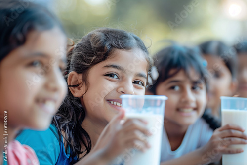 Group of Children Enjoying Fresh Milk Together