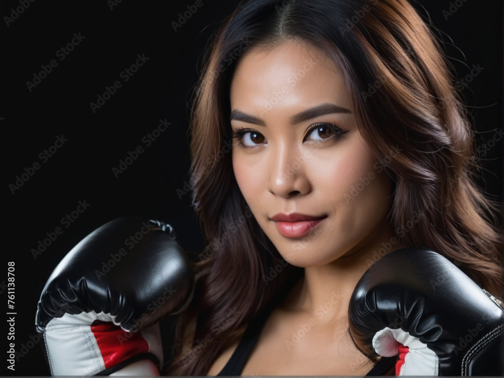Portrait of beautiful woman in boxing gloves on black background.