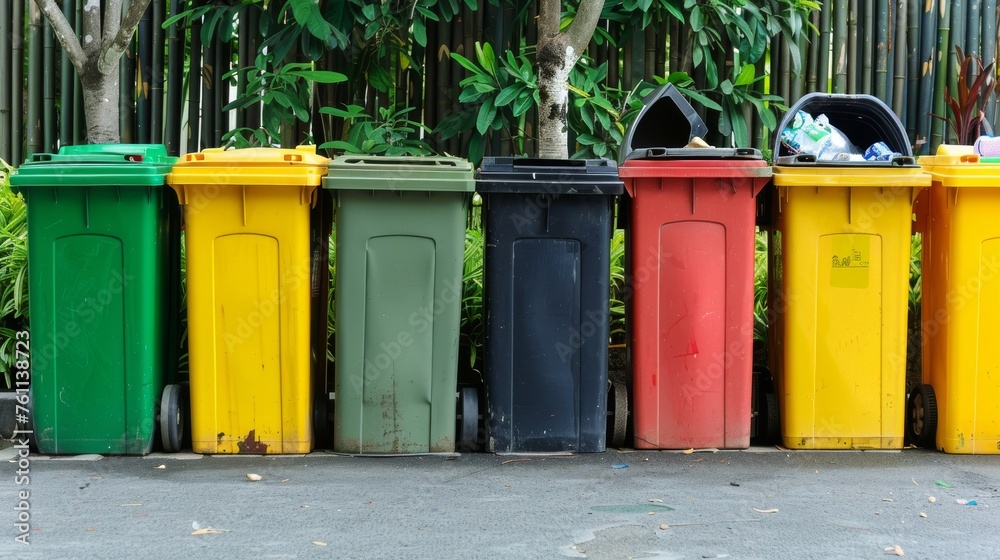 A row of sustainable waste management solutions,  including recycling bins,  compost bins,  and landfill diversion programs
