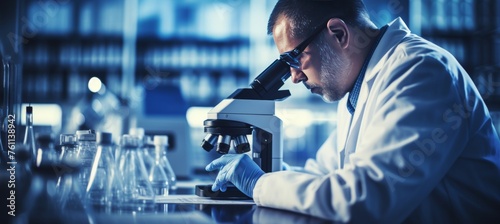 A scientist working with genetic material in a laboratory, with a focus on the microscope and test tubes