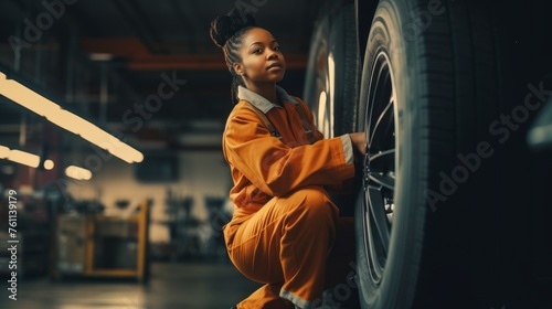 A confident young female mechanic, an African-American woman in uniform clothes Repairs, Changes the tire of a Car in an auto repair shop. Business, Car service concepts.