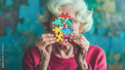 A woman holding a jigsaw puzzle with a blue background, Alzheimer's disease concept