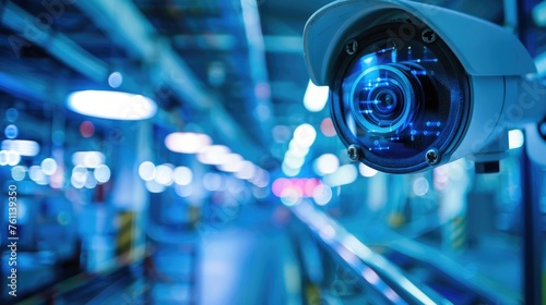 Security technology with AI smart surveillance control at factory and industry area, the security system can control electrical equipment in modern factory, AI generated, space for ads