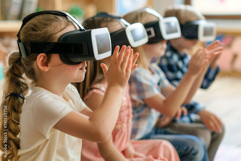 Discover the possibilities of VR education as children engage with virtual screens using VR glasses, blending technology and learning for a dynamic and interactive educational experience Discover the possibilities of VR education as children engage with virtual screens using VR glasses, blending technology and learning for a dynamic and interactive educational experience