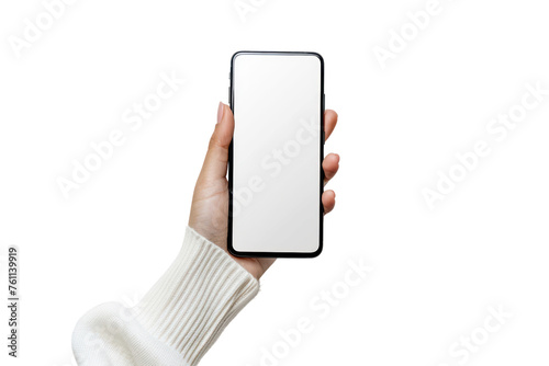 
Close-up of female hand holding Smartphone with blank white screen on white background, first person view realistic daylight