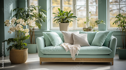 Light Blue stylish furniture, couch and armchair with decorative pillows, home style