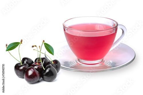 Red cherry berry  fruit tea in glass cup and fresh berries with green leaf isolated on white background