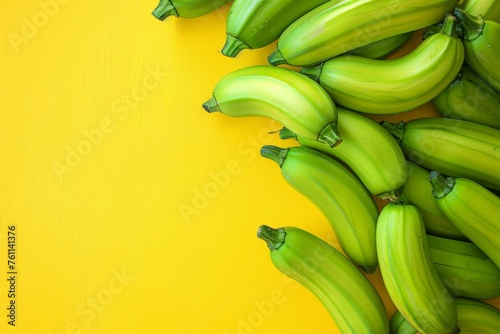 Bunch of Green Bananas on Yellow Background