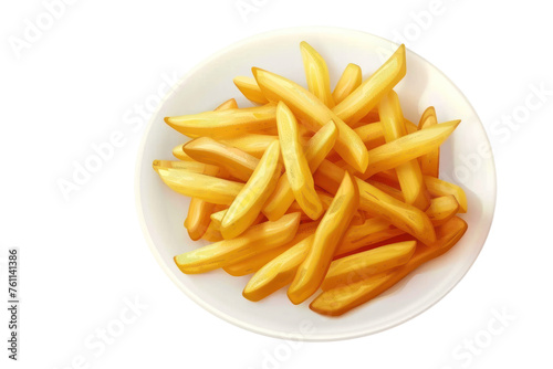  Delicious french fries in plate isolated on white background. Realistic daytime first person view