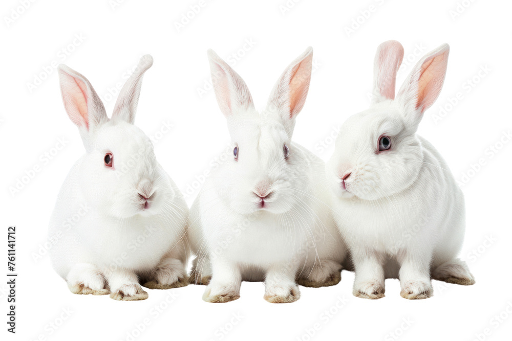 Fototapeta premium Collection of three white rabbits (portrait, sitting), animal bundle isolated on a white background Real daytime 