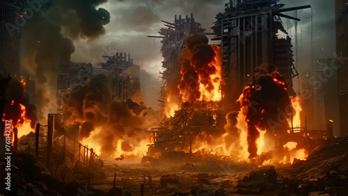 Ruins of buildings destroyed by a fire in the city at night, War city dangerous disaster. Illustrative apocalypse desctructive building, AI Generated photo