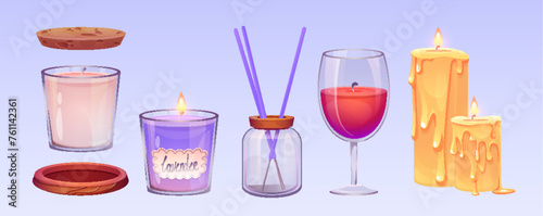 Aromatic wax candles set isolated on blue background. Vector cartoon illustration of spa or home interior elements for relax, glass jar with aroma oil, lavender flavor, aromatherapy meditation items