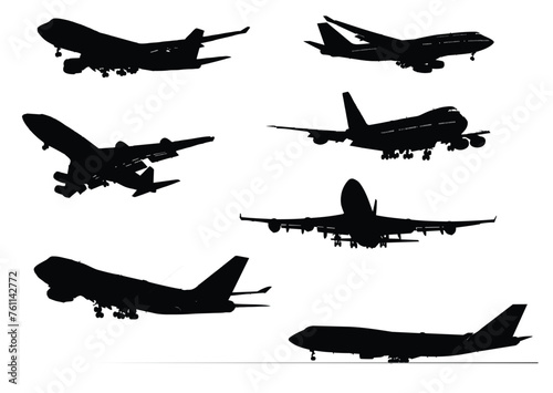 Airplane silhouettes. Vector Black and white illustration. One click color change