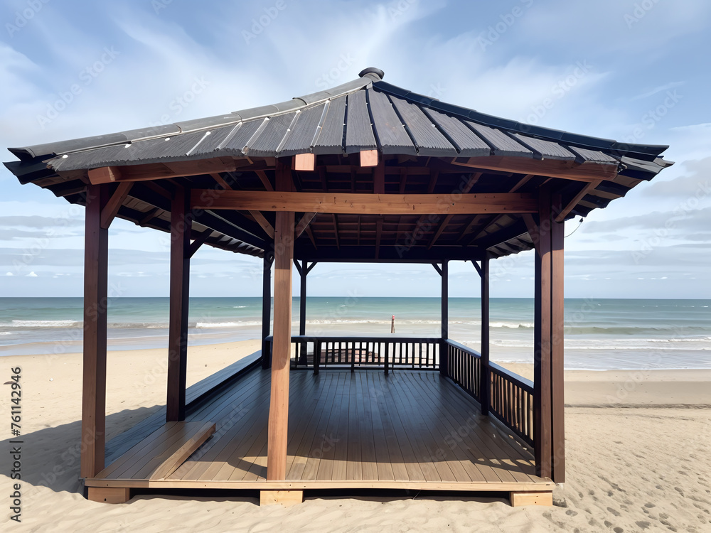 A wooden shelter on high stilts that stands on the beach.